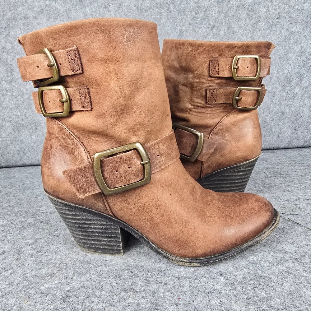 Lucky Brand Tommie Boots Womens 9.5 Brown Leather Moto Buckle Stacked Heel
